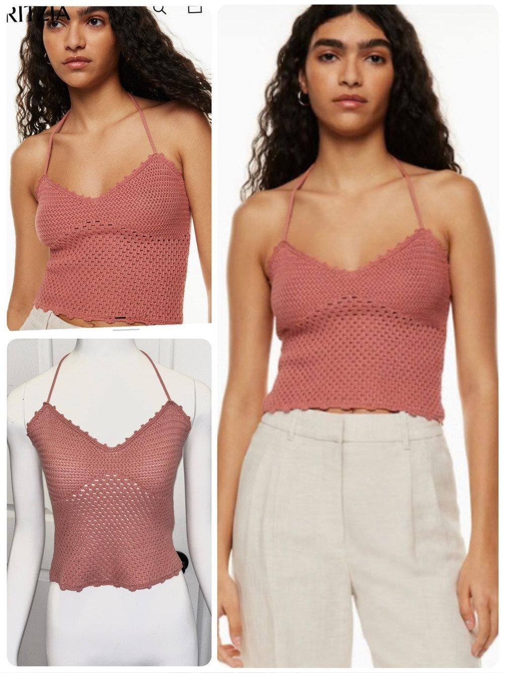 Aritzia Wilfred Beauty Top Halter Tank Crochet Earthen Red Dusty Rose Sz Medium